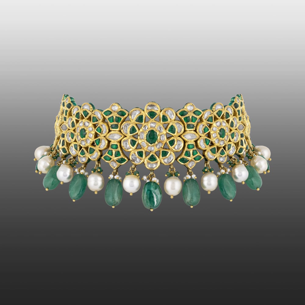 Floral Polki Choker with Green Talaf, Emerald & Pearl Drops